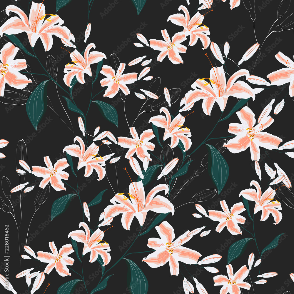 Trendy Floral pattern with orange lilies flowers. Spring, summer seamless pattern, Printing with beautiful flowers. Dark background. Trendy Floral pattern with orange lilies flowers. Spring, summer seamless pattern, Printing with beautiful flowers. Dark background.