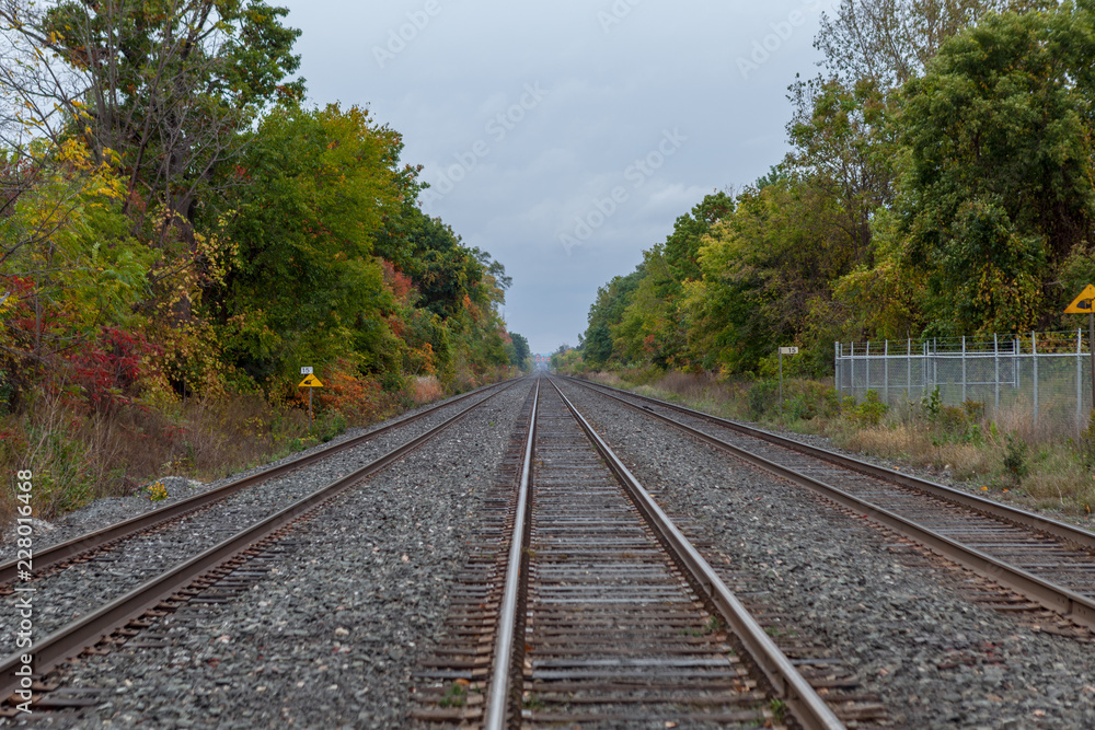 Mississauga, CANADA - October 15, 2018: Urban Train tracks edged by trees leading off into the distance Mississauga, CANADA - October 15, 2018: Urban Train tracks edged by trees leading off into the distance