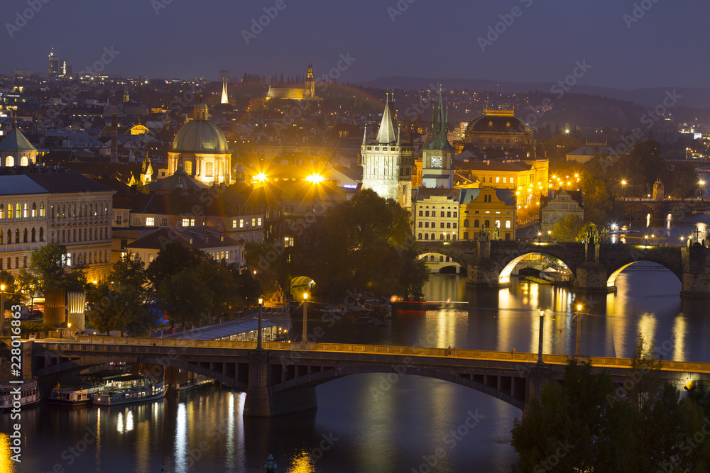 Night Prague City with its Cathedrals, Towers and Bridges, Czech Republic