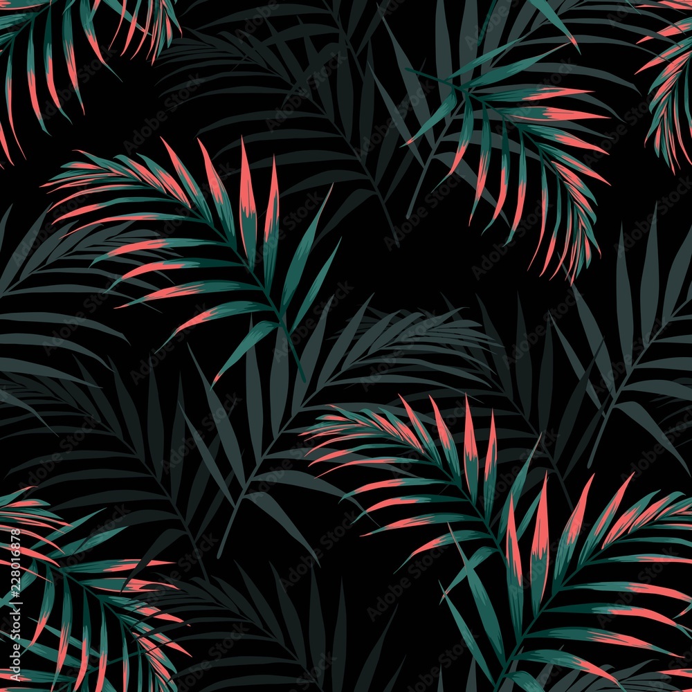 Seamless tropical pattern, vivid tropic foliage, with palm leaves. Modern bright summer print design. Black background. Seamless tropical pattern, vivid tropic foliage, with palm leaves. Modern bright summer print design. Black background.