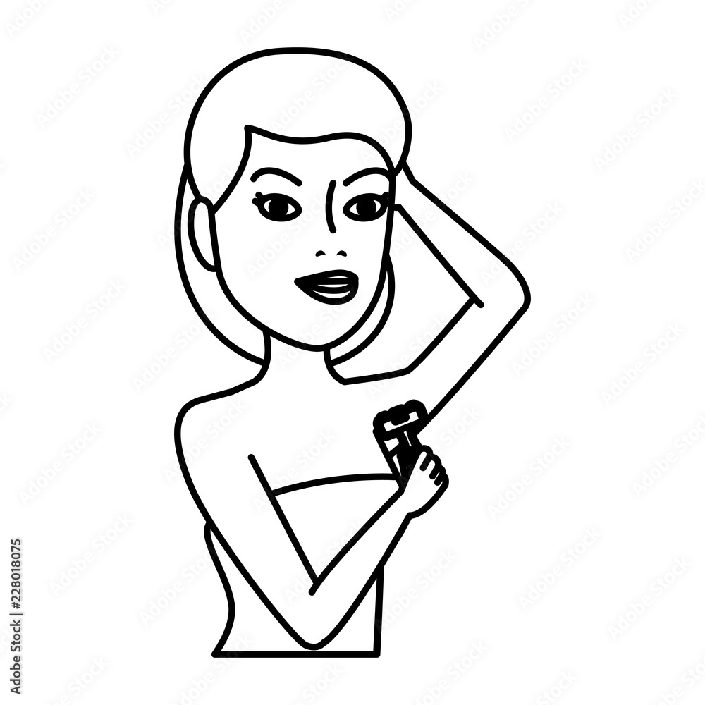 woman in towel waxing armpit with razor blade woman in towel waxing armpit with razor blade