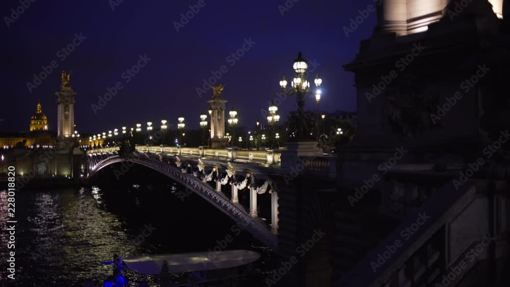 Light posts and sculptures on famous French bridge at night in Paris France Light posts and sculptures on famous French bridge at night in Paris France