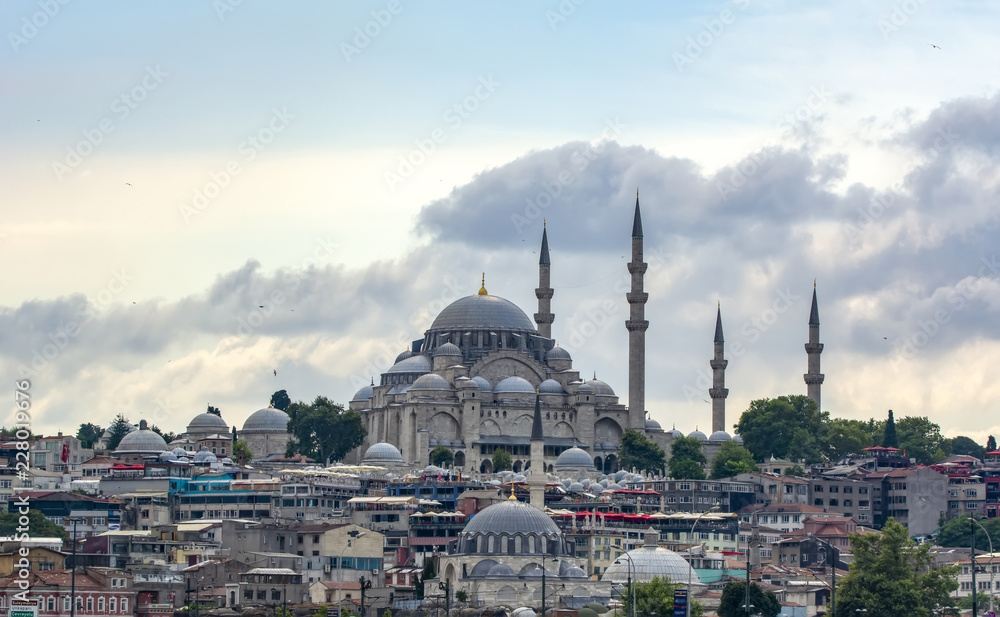 Obraz premium Touristic landmarks from sea voyage on Bosphorus. Cityscape of Istanbul at sunset - old mosque and turkish steamboats, view on Golden Horn.
