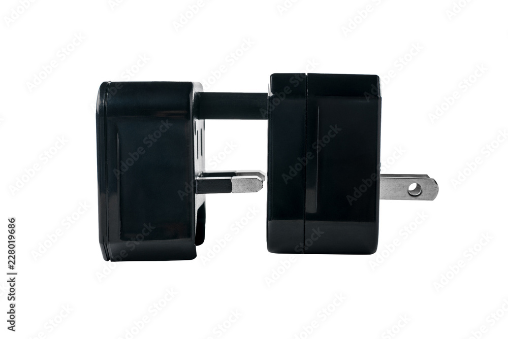 Two black adapters for American and European plug on white isolated background Two black adapters for American and European plug on white isolated background