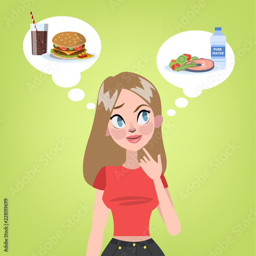 Woman choosing between healthy food and hamburger