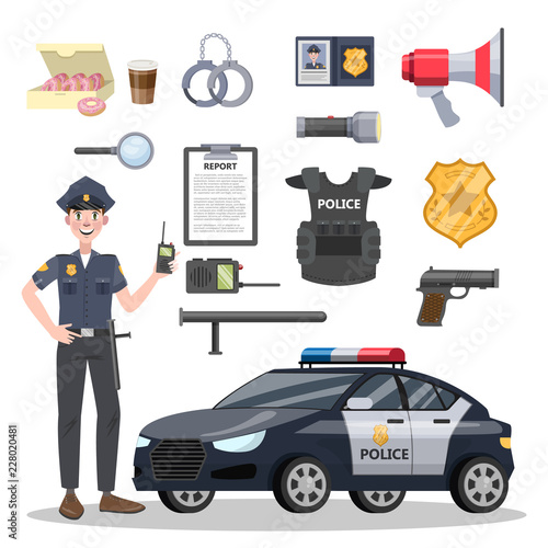 Set of police officer equipment. Beautiful policeman