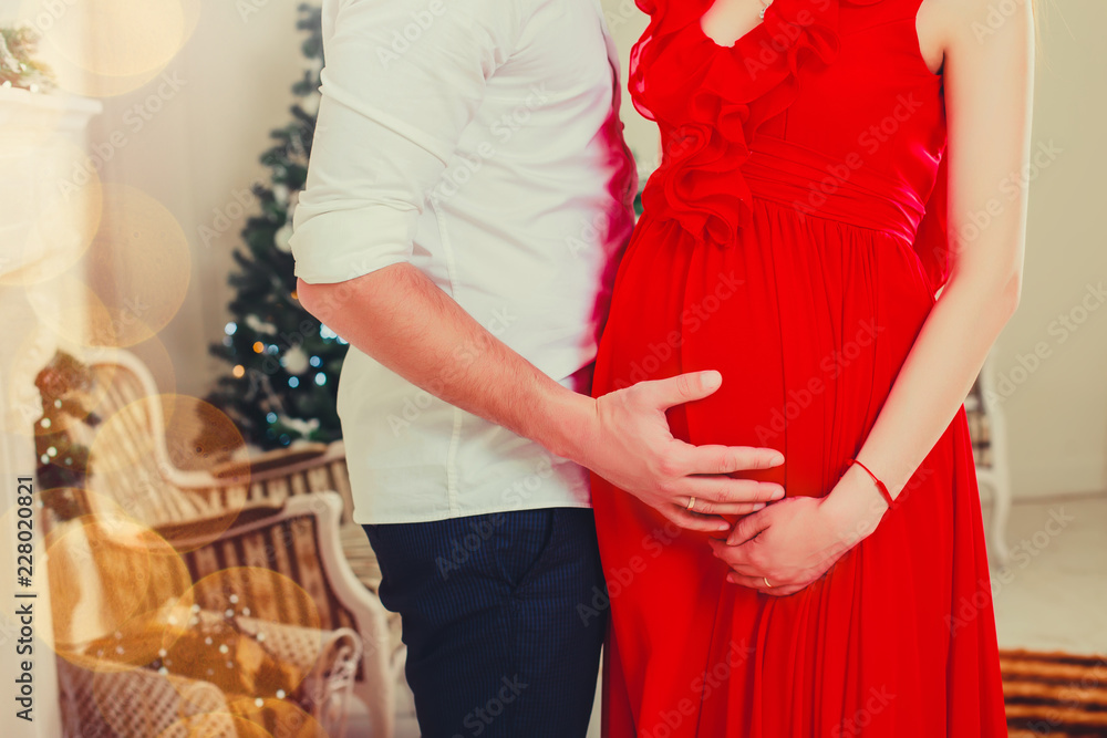 Happy man hugging his pregnant woman in the living room