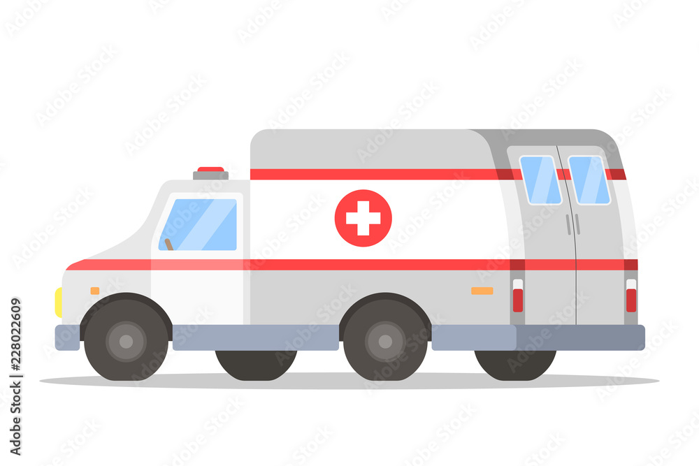 White and red ambulance car side view White and red ambulance car side view