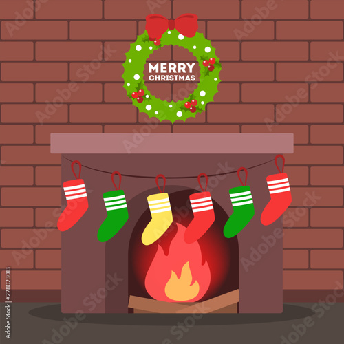 Fireplace with christmas decoration and gift on it