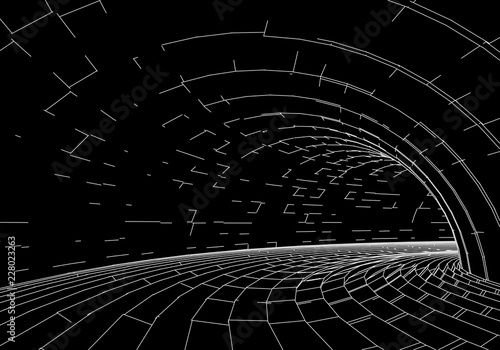 Tunnel or wormhole. Digital 3d wireframe tunnel. 3D tunnel grid. Network cyber technology. Surrealism. Background abstract vector image