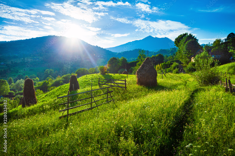 Fototapeta premium Haystack rural landscape in Romania
