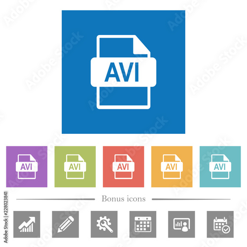 AVI file format flat white icons in square backgrounds