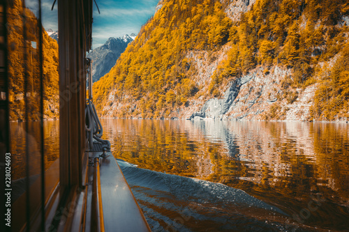 Traditional boat on Königssee lake in fall, Bavaria, Germany