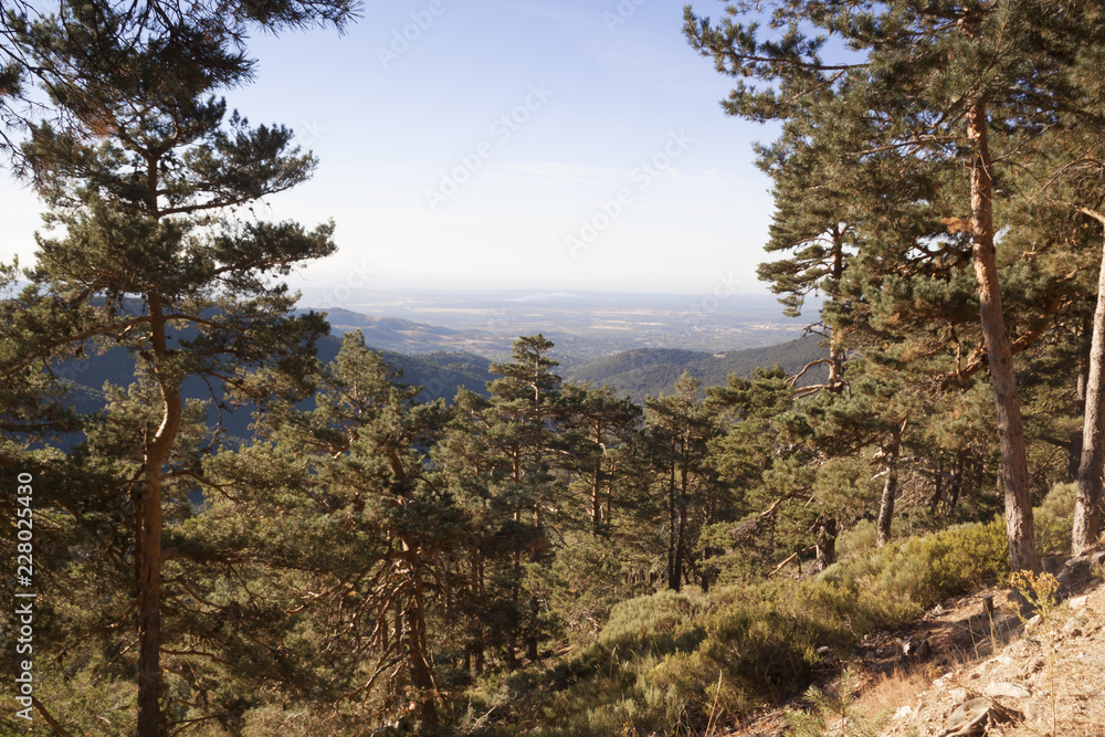 The walk from Cercedilla to the peak of Aguila, Madrid, Spain. Panoramic Sierra de Guadarrama National Park. Sunrise views