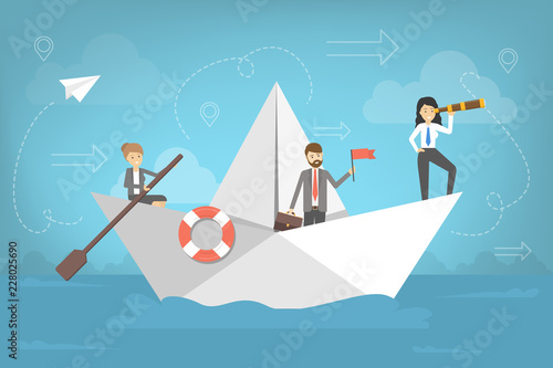 Business people go to the success on paper boat