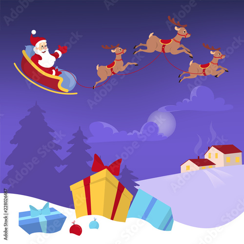 Santa flying in sleigh with bag full of gifts