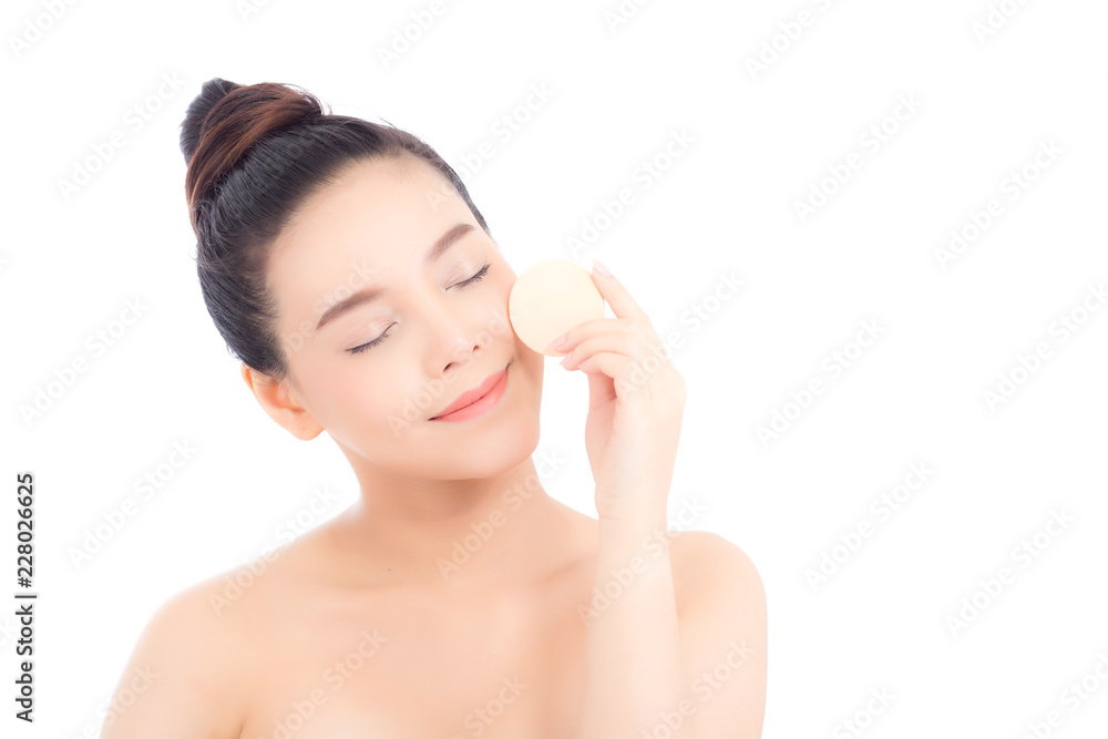 Portrait of beautiful asian woman applying powder puff at cheek makeup of cosmetic, beauty of girl with face smile isolated on white background, wellness and healthcare concept. Portrait of beautiful asian woman applying powder puff at cheek makeup of cosmetic, beauty of girl with face smile isolated on white background, wellness and healthcare concept.