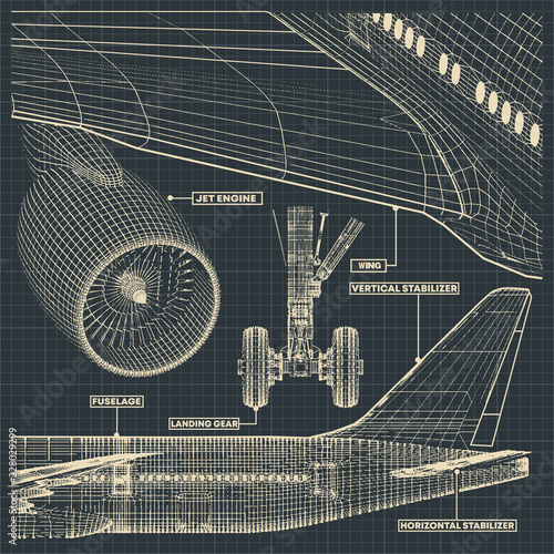 Jet airliner drawings in retro style