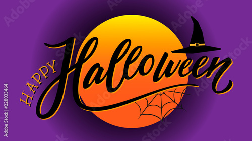 Happy Halloween hand lettered message. Illustration with moon in the background.Vector, eps 10.