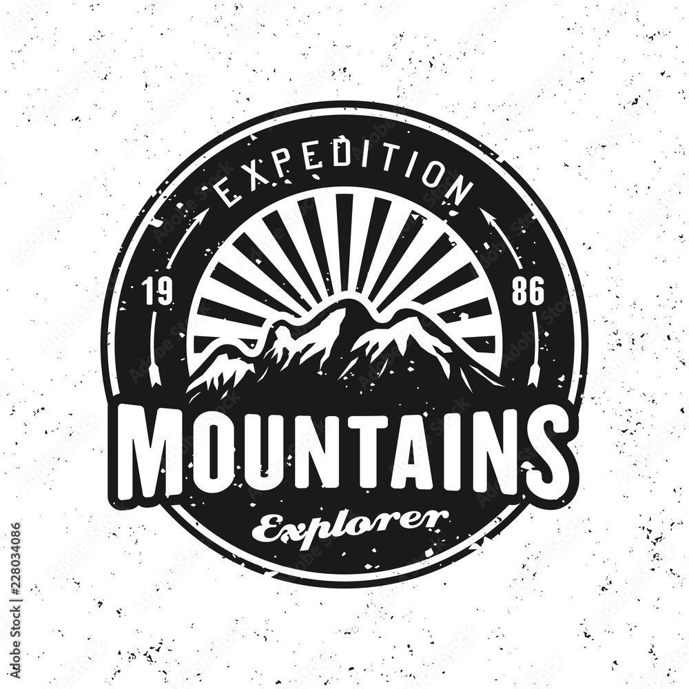 Mountains expedition black vector round badge