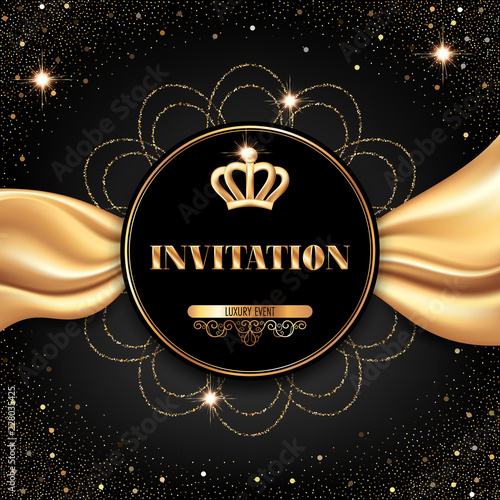 VIP invitation template with golden crown and smooth fabric on black background