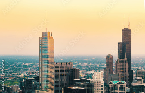 Chicago cityscape skyscrapers at sunset aerial view