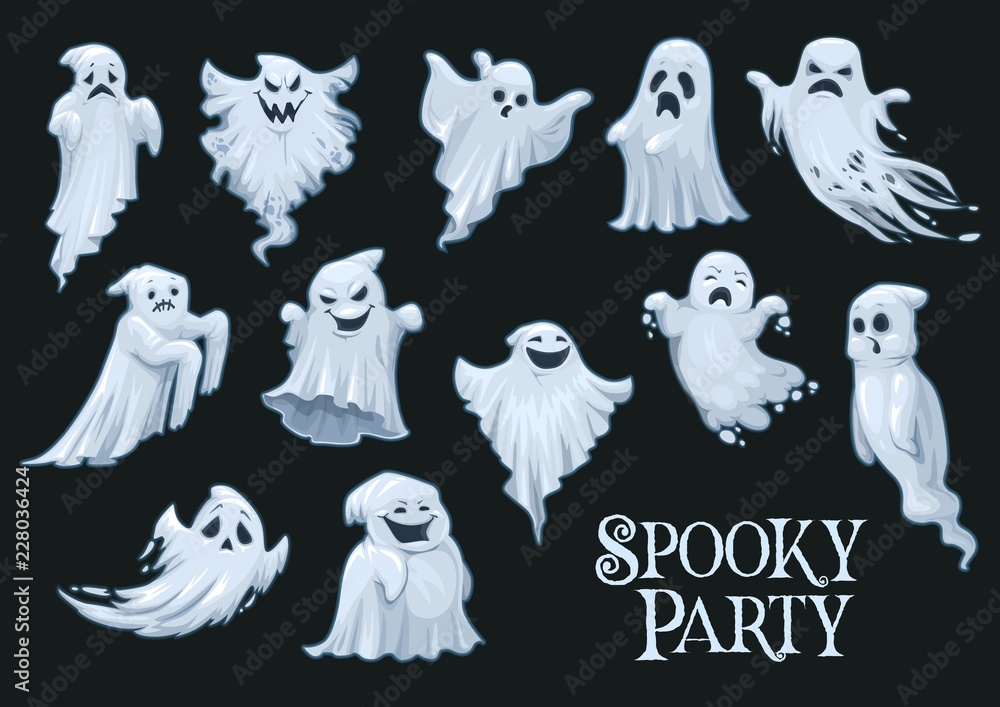 Halloween vector scary ghosts, spooky party - obrazy, fototapety, plakaty 