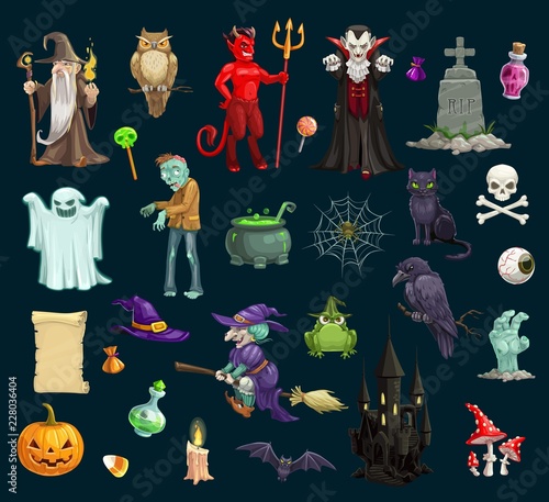 Halloween holiday evil characters, vector