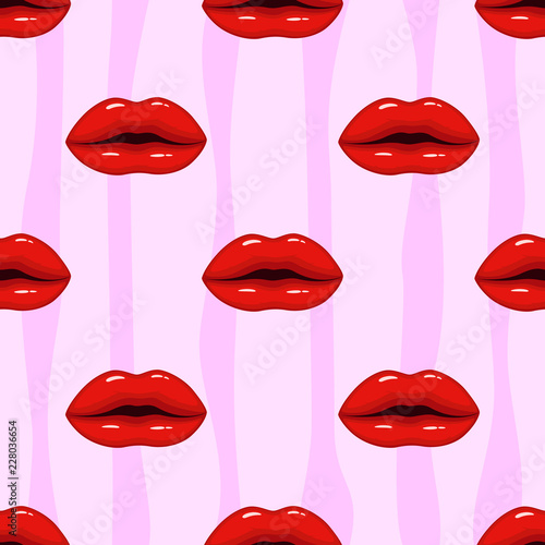 Seamless pattern red lips on striped background