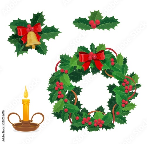 Merry Christmas decorations, holly berry, decor