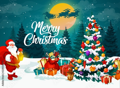 Santa near Christmas tree and gifts on snow