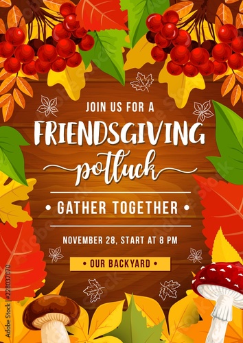 Friendsgiving potluck party, autumn leaves