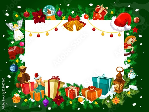 Christmas frame of gifts and tree decorations