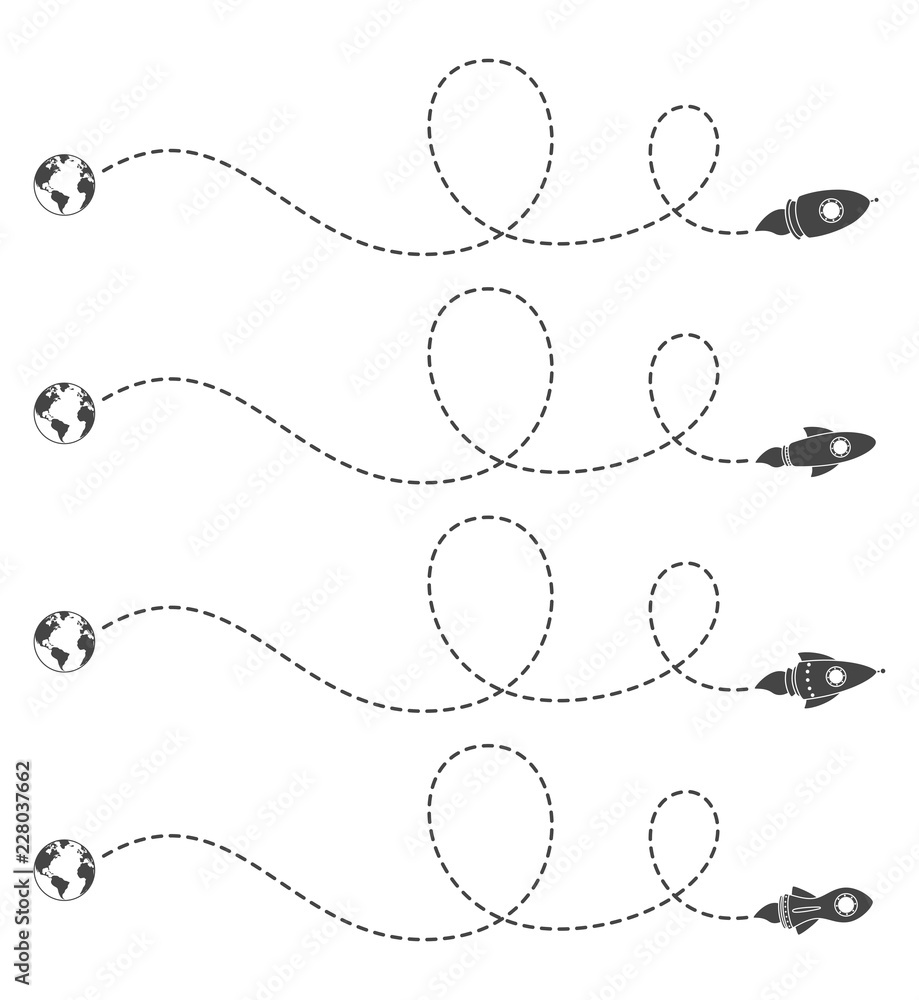 Flying rocket with a dotted line route Flying rocket with a dotted line route
