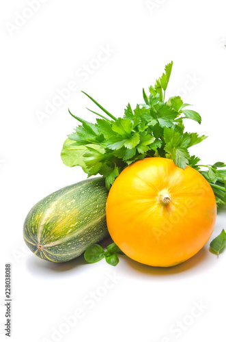 pumpkin and zucchini parsley on white background 