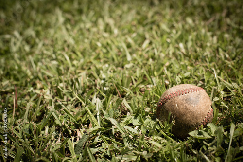 Old, Well-Used Baseball in Grass, Room for Text