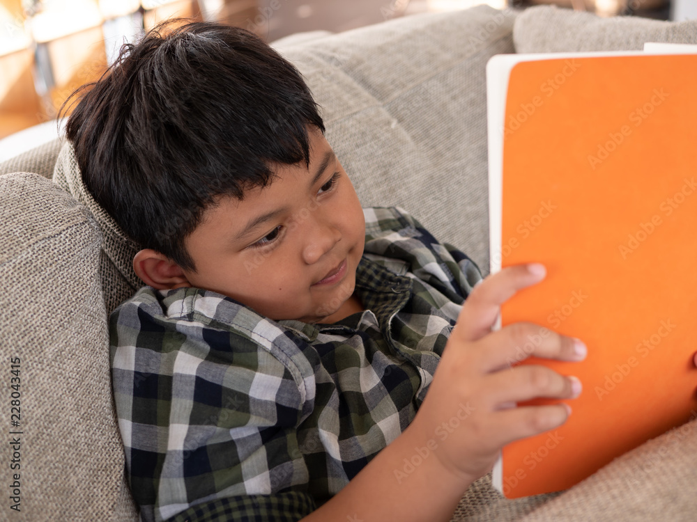 Cute asian children reading a book while lying on a sofa in the room. education concept Cute asian children reading a book while lying on a sofa in the room. education concept