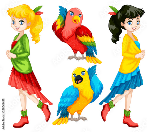 Colorful people and birds