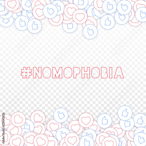 Social media icons. Nomophobia concept. Falling scattered thumbs up hearts. Rare borders elements on