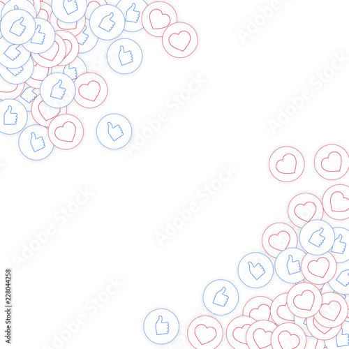 Social media icons. Social media marketing concept. Falling scattered thumbs up hearts. Scatter abst