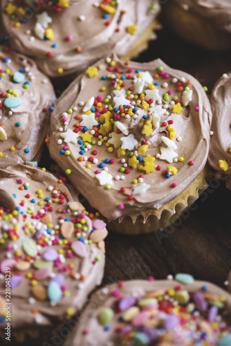 Closeup of chocolate cupcakes food photography recipe idea