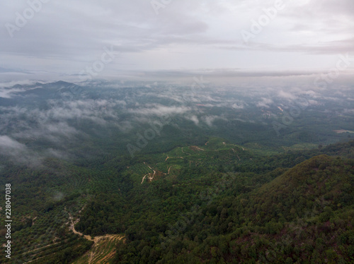 Aerial view of nature scenery. An aerial shot of hill with cloudy and misty background. © Yunus Malik