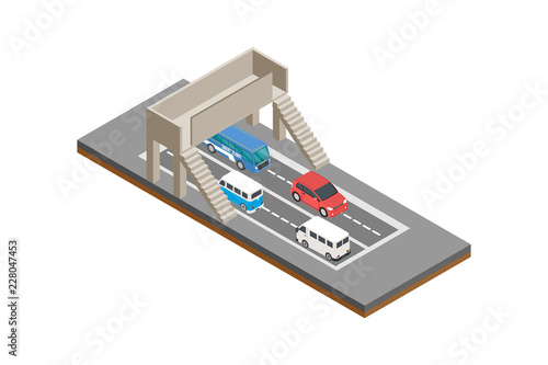 isometric concept highway. cars and street lights, vector illustrations