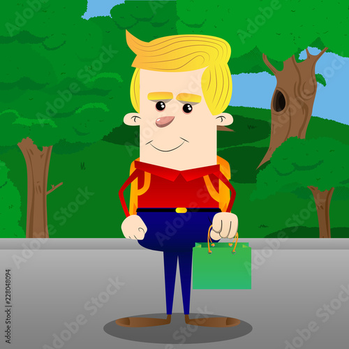Schoolboy holding a green paper bag. Vector cartoon character illustration.