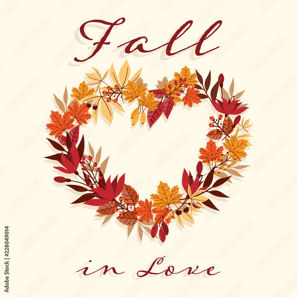 Autumn background with Fall in Love text with autumn leaves and berry branches frame in a heart shape. Vector illustration. Autumn background with Fall in Love text with autumn leaves and berry branches frame in a heart shape. Vector illustration.