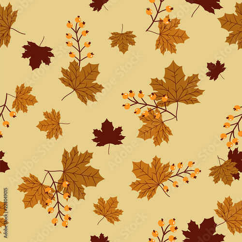 Seamless pattern of autumn leaves and berry branches on yellow background. Vector illustration.