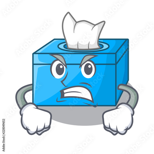 Angry cartoon tissue box on a sideboard