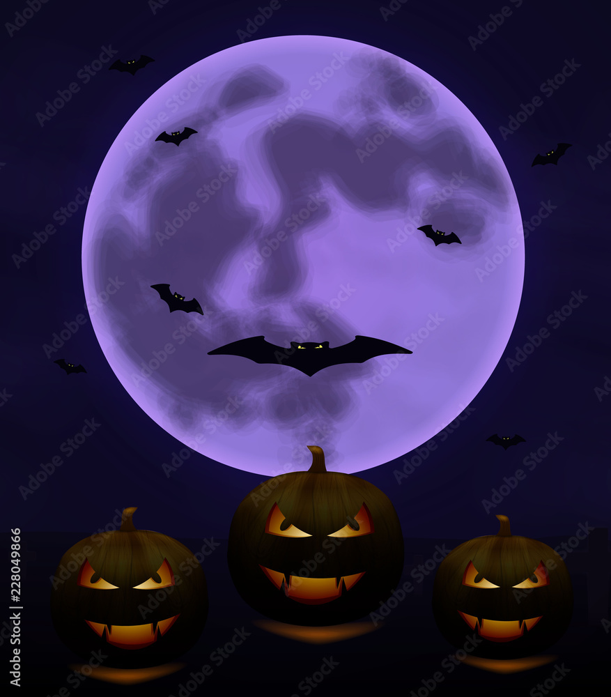 Halloween background with full Moon and pumpkins in dark night isolated. Halloween moon, scary bats Halloween background with full Moon and pumpkins in dark night isolated. Halloween moon, scary bats
