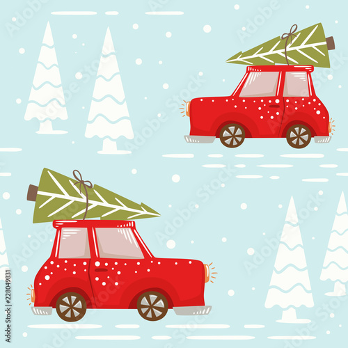 Christmas car with fir tree seamless pattern. New year delivery.