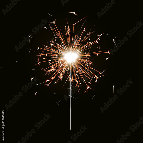 Bengal fire. New year sparkler candle isolated on black background. Realistic vector light effect. P photo